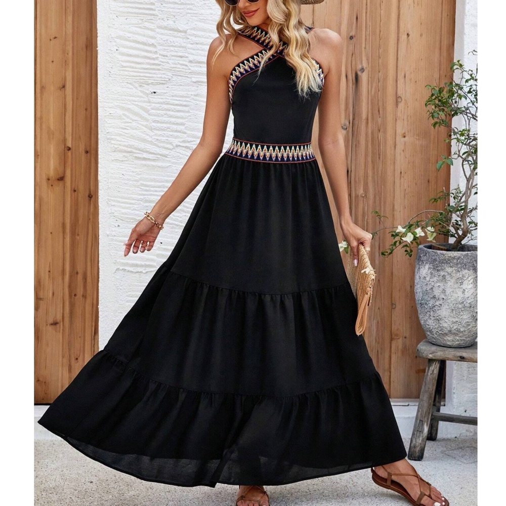 Boho Black Chevron Halter Maxi Dress